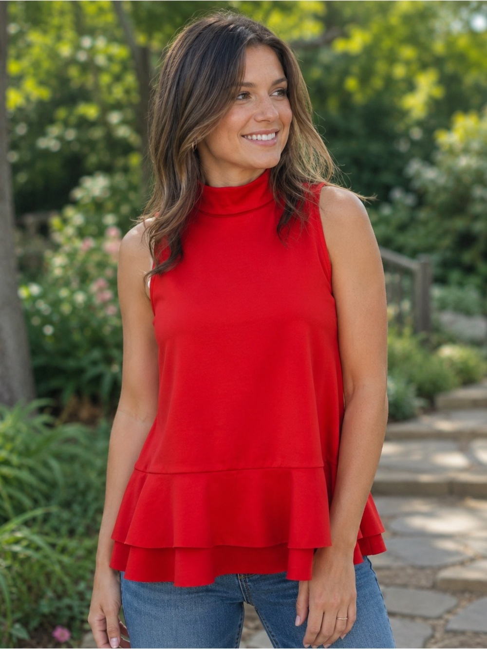 Anthropologie Tomato Red Mock Neck Sleeveless Peplum Blouse Tank M Preppy